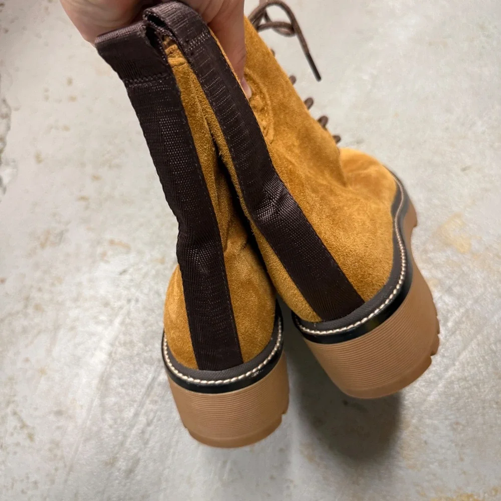 Tory Burch Miller Combat Boots Tan Suede Lug Sole Side Zip 9.5M‎